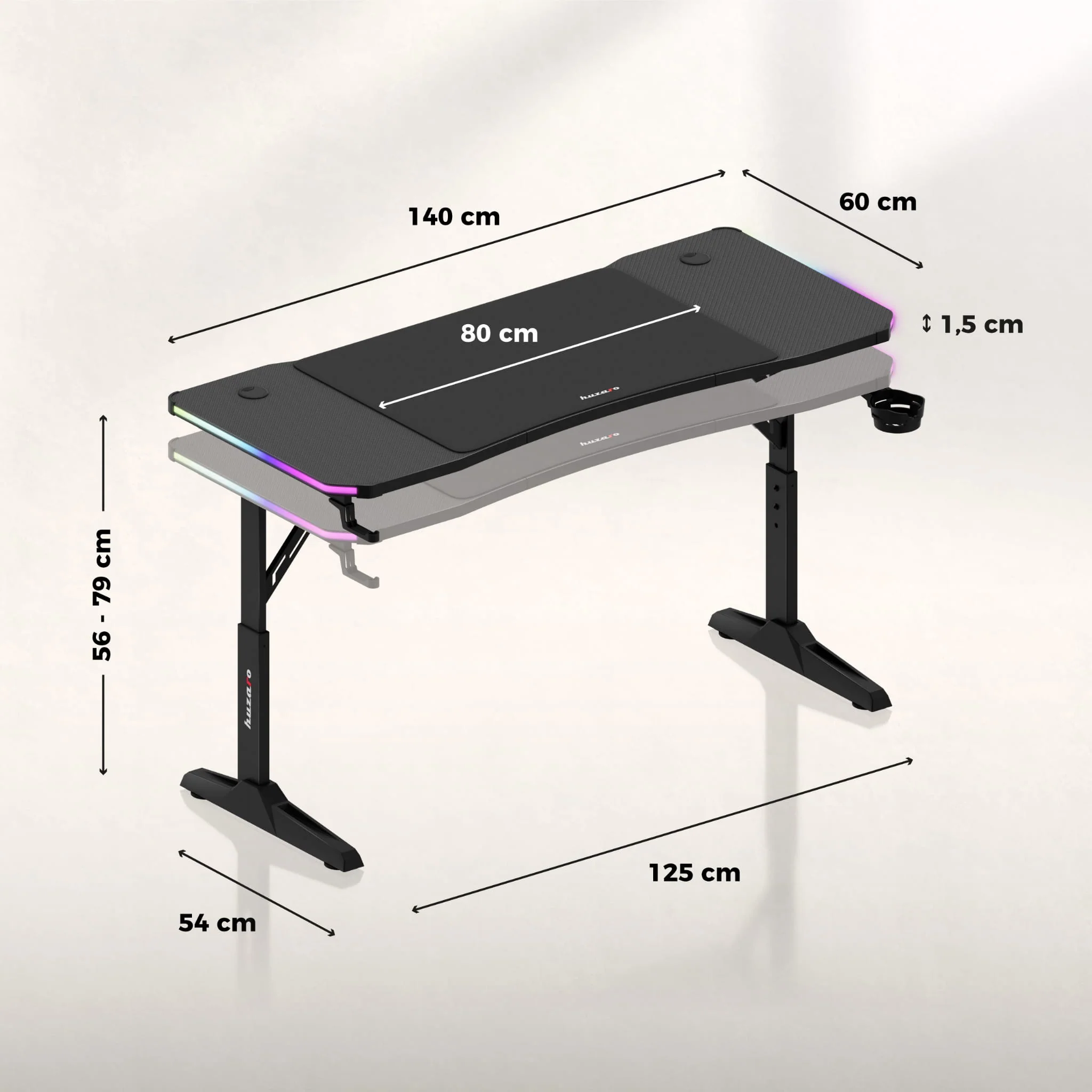 Biurko gamingowe Huzaro Hero 3.6 RGB LED Black 140 cm - Image 13
