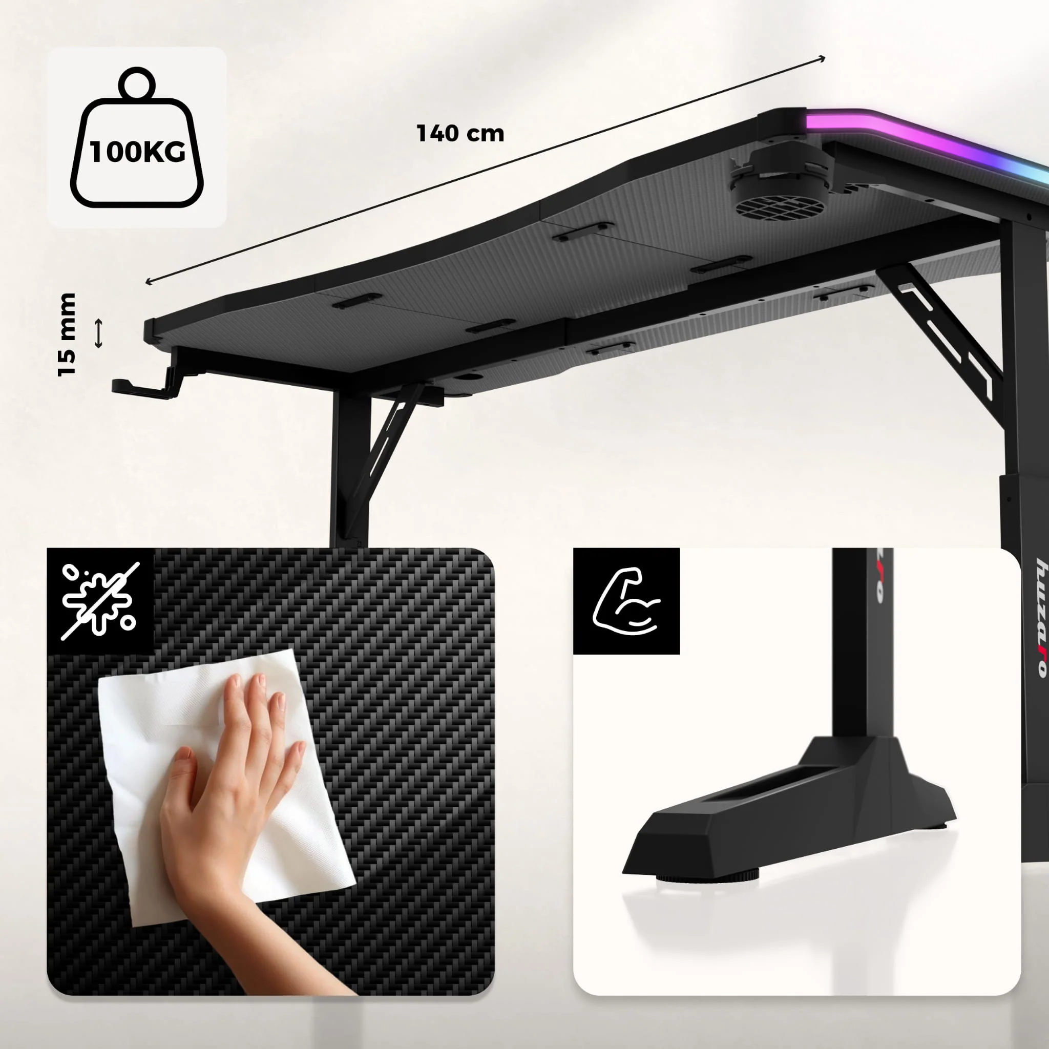 Biurko gamingowe Huzaro Hero 3.6 RGB LED Black 140 cm - Image 15
