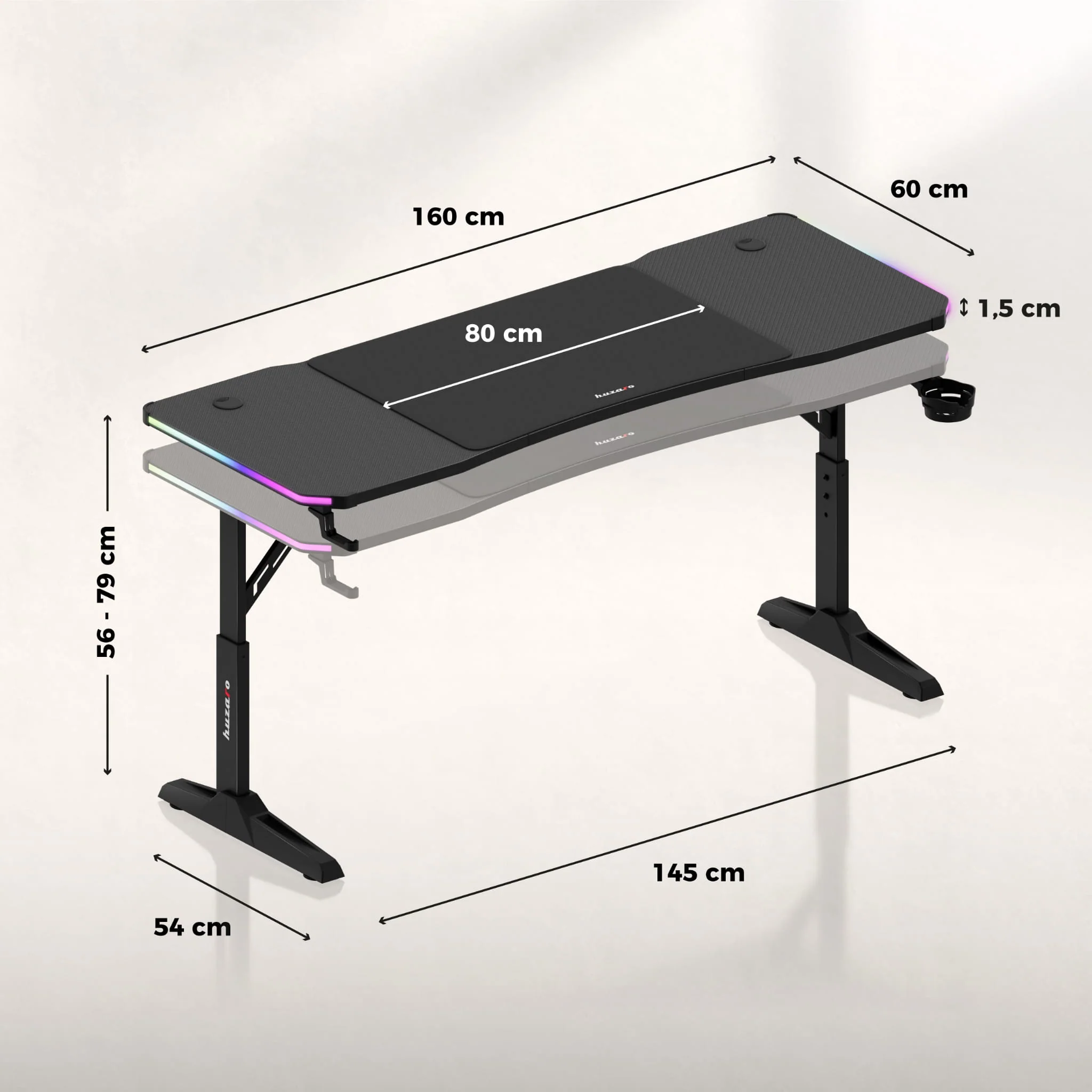 Biurko gamingowe Led Huzaro Hero 4.6 RGB Black 160 cm - Image 12