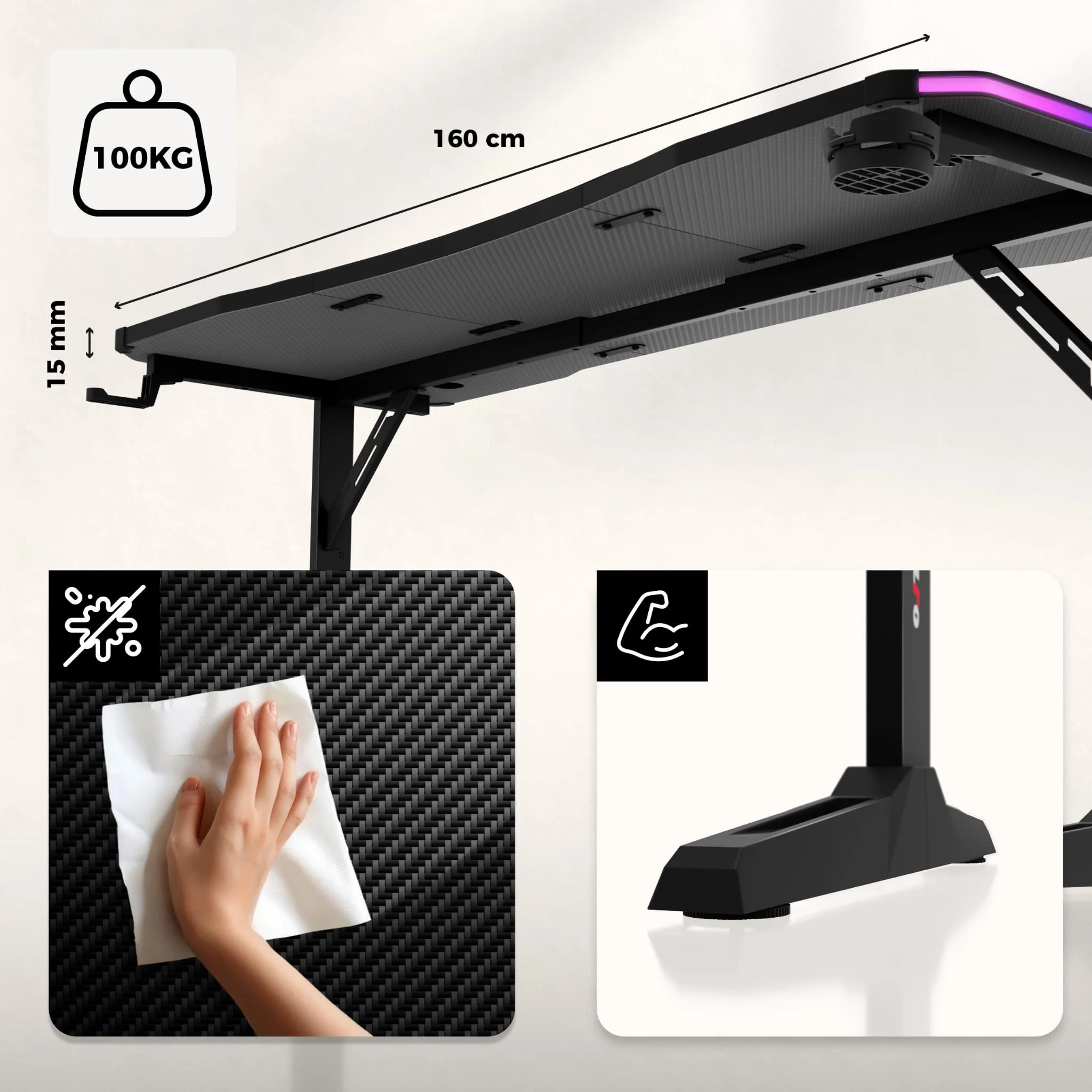 Biurko gamingowe Led Huzaro Hero 4.6 RGB Black 160 cm - Image 14