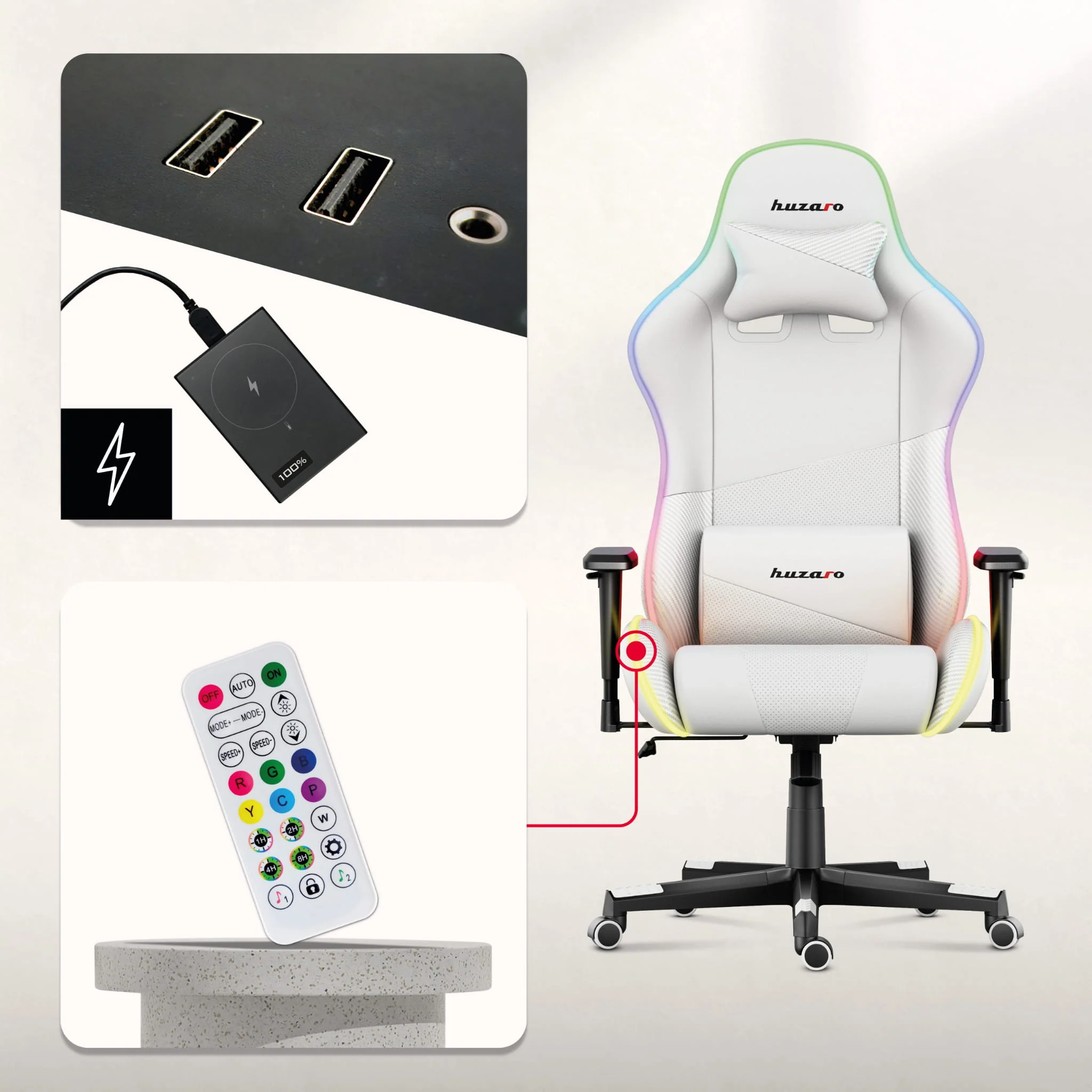 Fotel Gamingowy HUZARO FORCE 6.2  White RGB LED - Image 13