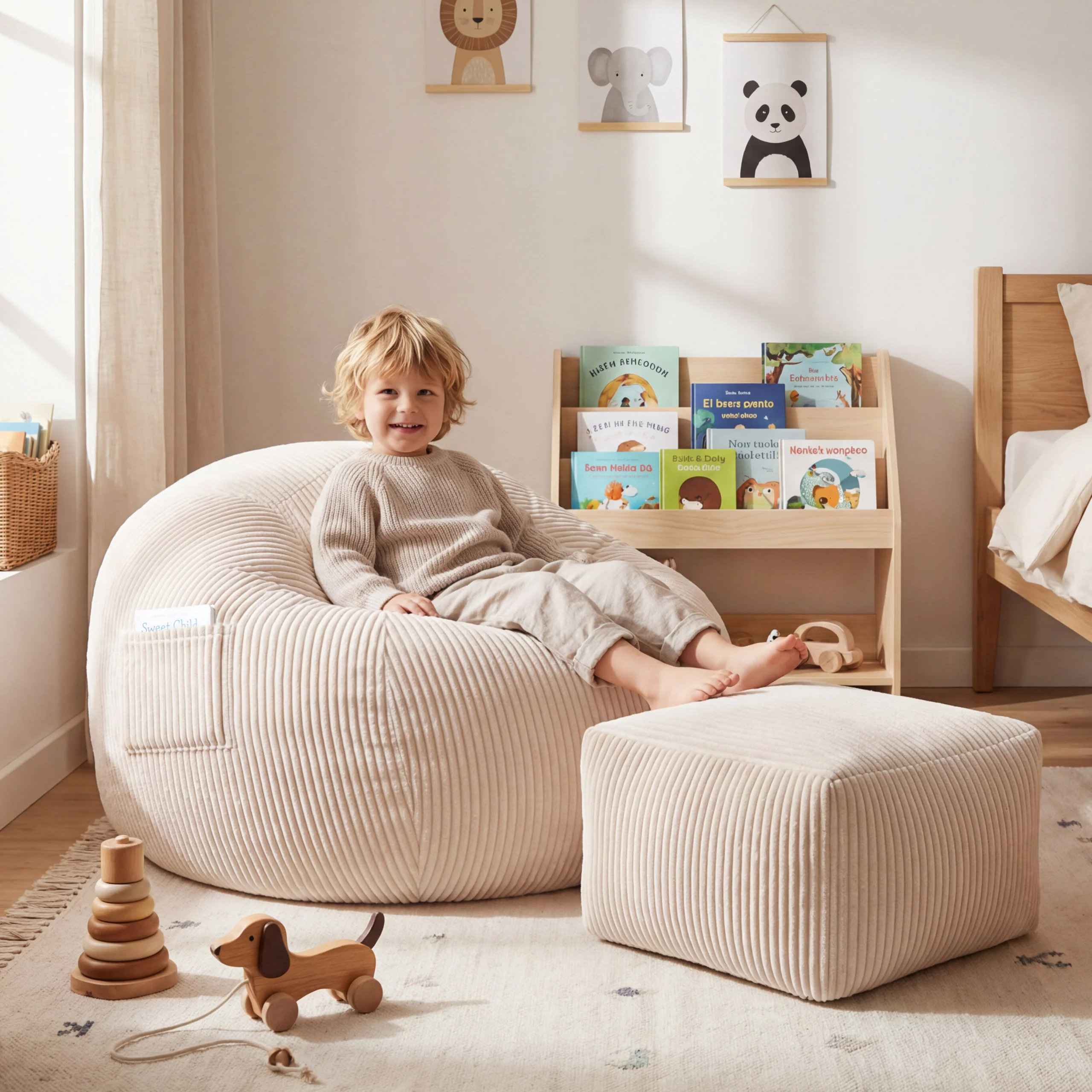 Fotel pufa sztruksowa z podnóżkiem Mark Adler Comfy 3.0 Beige - Image 10