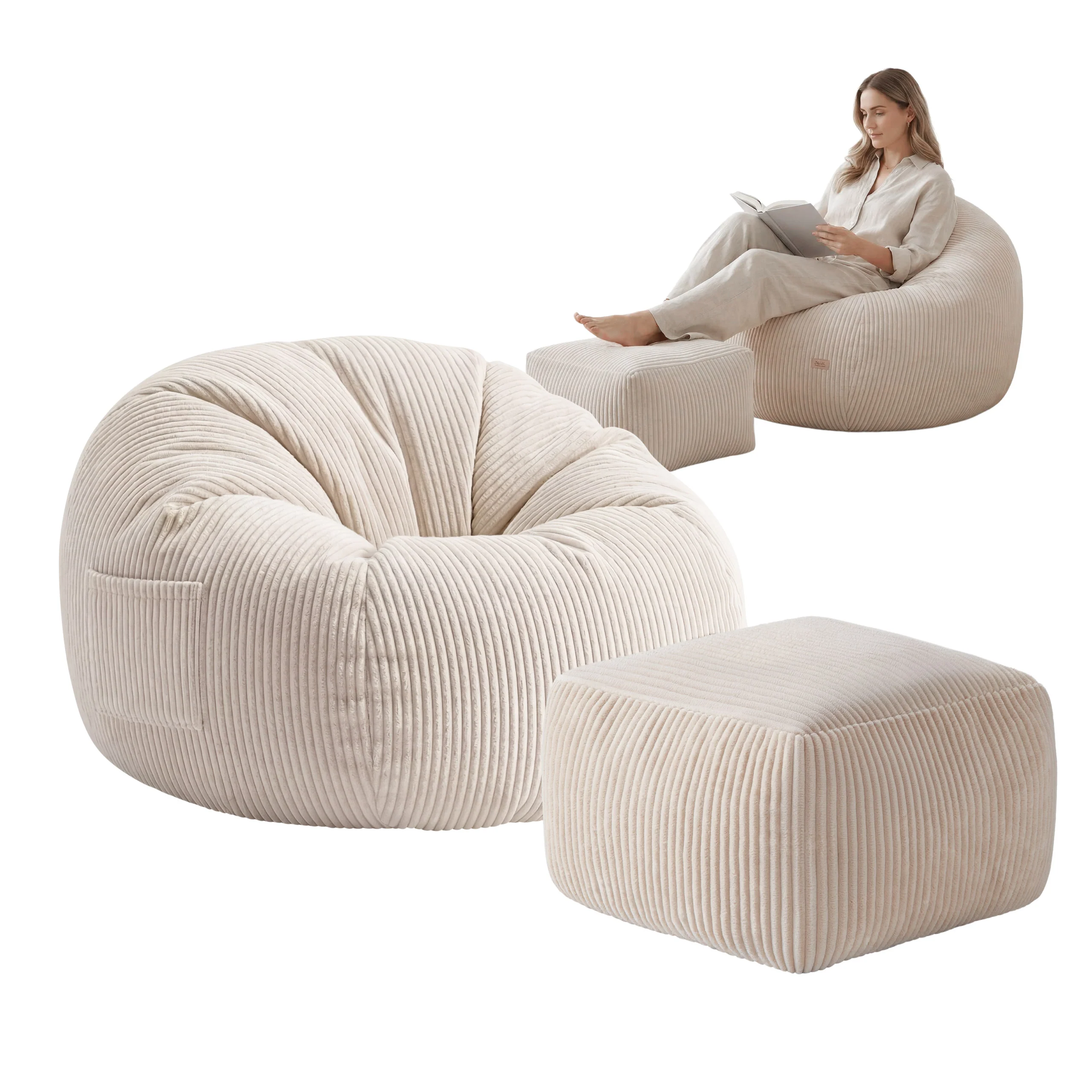 Fotel pufa sztruksowa z podnóżkiem Mark Adler Comfy 3.0 Beige - Image 7