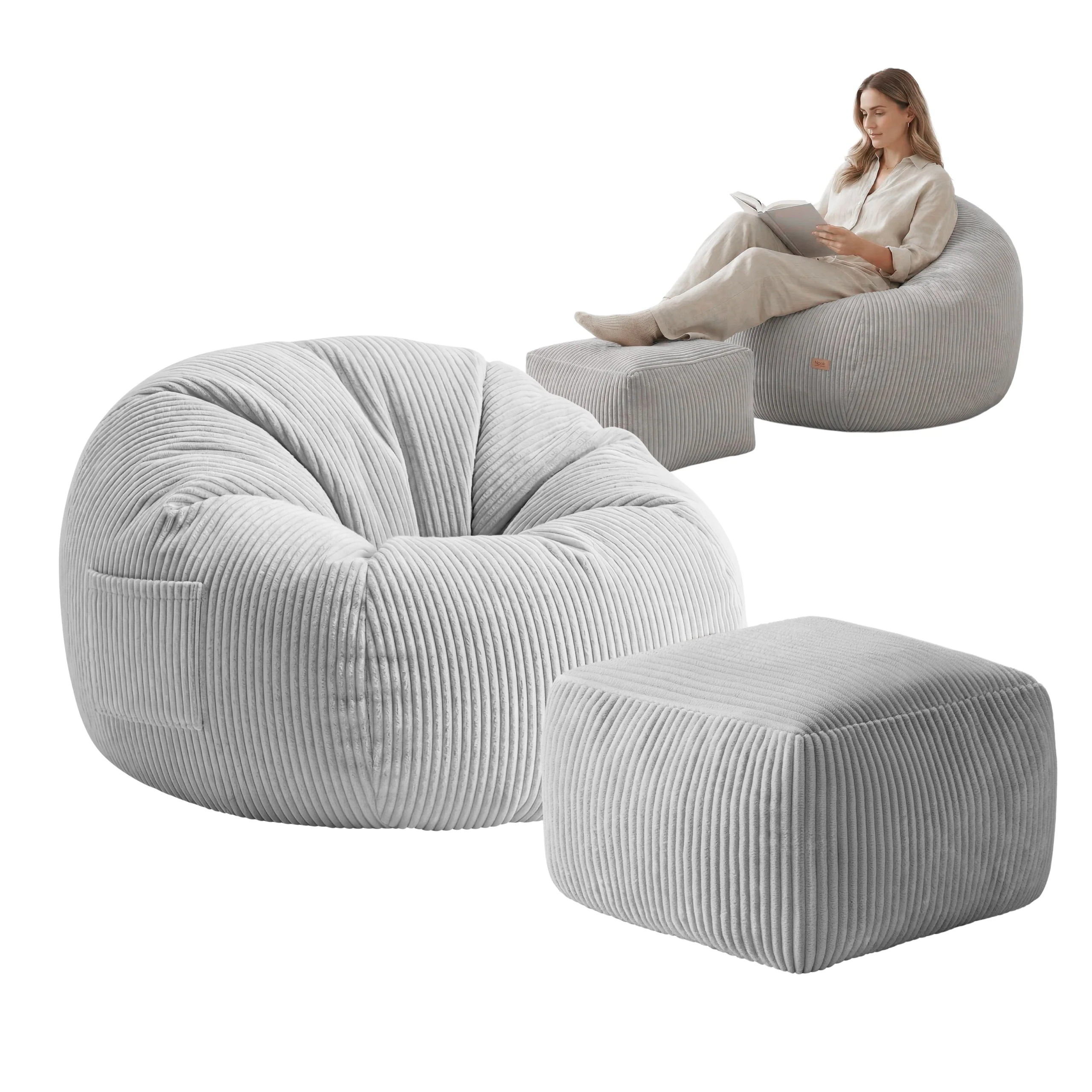 Fotel pufa sztruksowa z podnóżkiem Mark Adler Comfy 3.0 Grey - Image 9