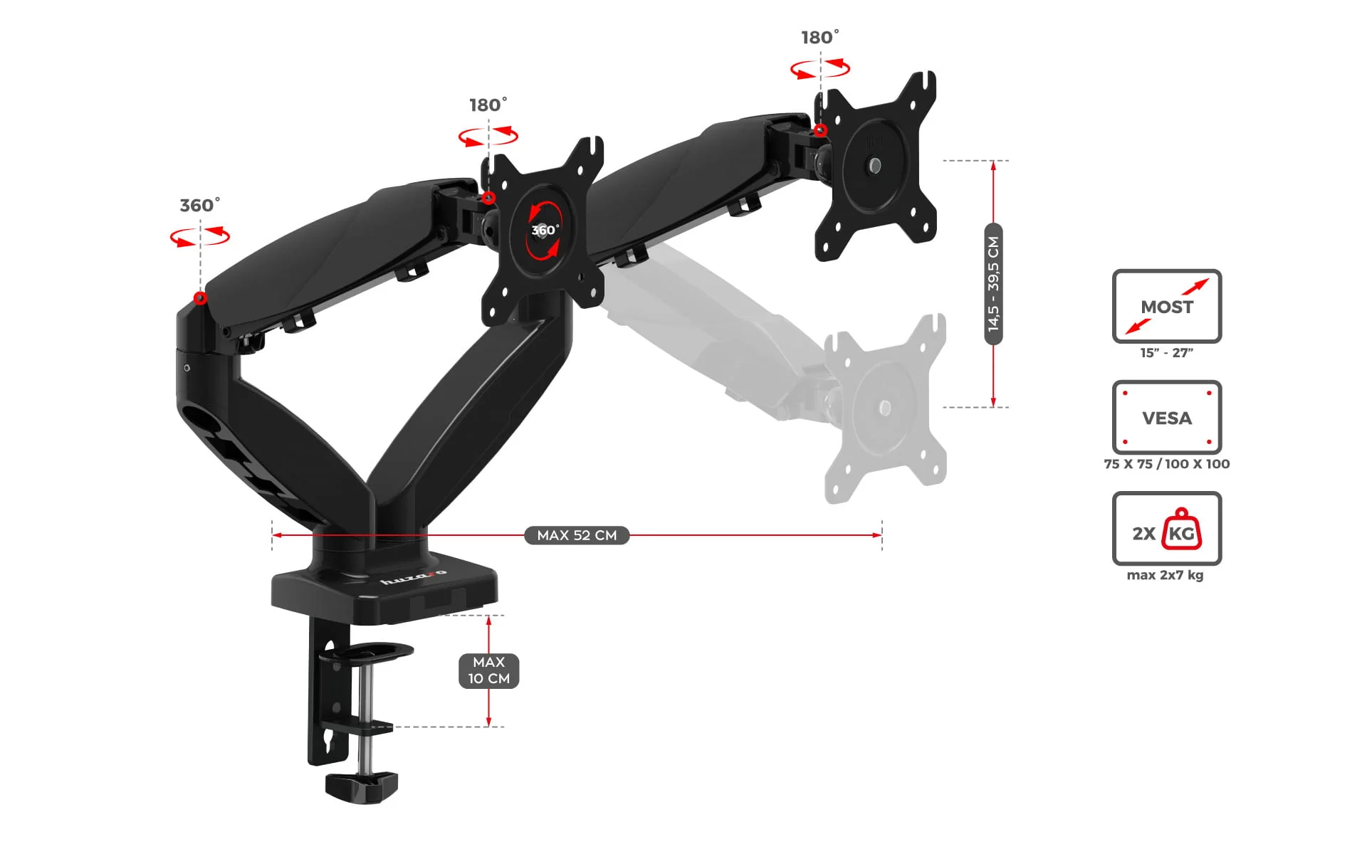 Uchwyt obrotowy  Huzaro Motion 2.2  na dwa monitory - Image 17